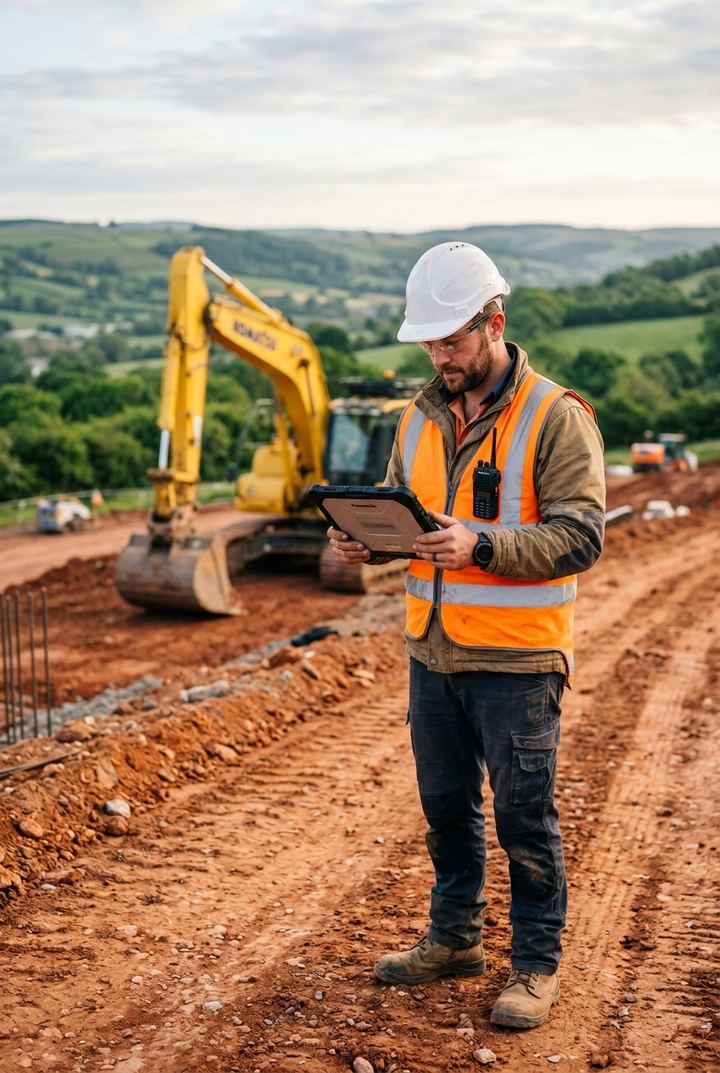Site engineer reviewing progress data on a tablet beside an excavator