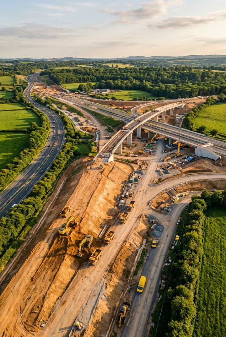 Aerial view of a highway interchange under construction with graded earthworks and green fields